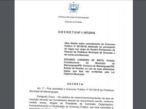 Decreto de cancelamento do concurso de agente de combate à endemias de Mamanguape (Foto: Reprodução/Site da Funvapi)